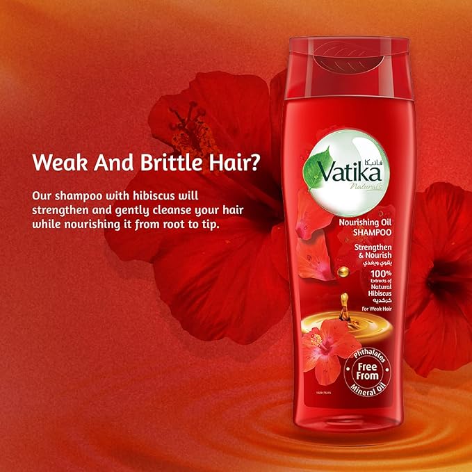 Refect Beauty Vatika Hibiscus Nourishing Oil Shampoo bottle against a vibrant red hibiscus flower background.