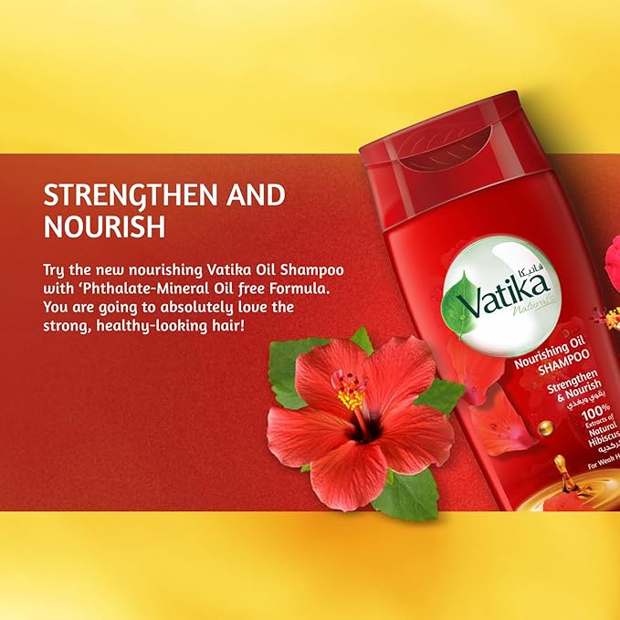 Refect Beauty Vatika Hibiscus Nourishing Oil Shampoo bottle with red hibiscus flower and strengthening formula text