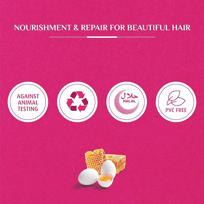 Refect Beauty Vatika Dabur Honey and Egg shampoo features icons for cruelty-free, recyclable, halal, and PVC-free status.