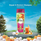 Refect Beauty Vatika Dabur Honey & Egg repair and restore shampoo bottle with honey and egg imagery on a nature background