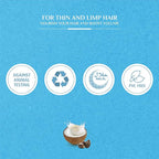 Refect Beauty Vatika shampoo graphic showing icons for cruelty-free, recyclable, halal, and PVC-free with coconut image