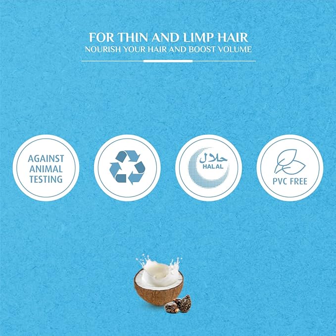 Refect Beauty Vatika shampoo graphic showing icons for cruelty-free, recyclable, halal, and PVC-free with coconut image