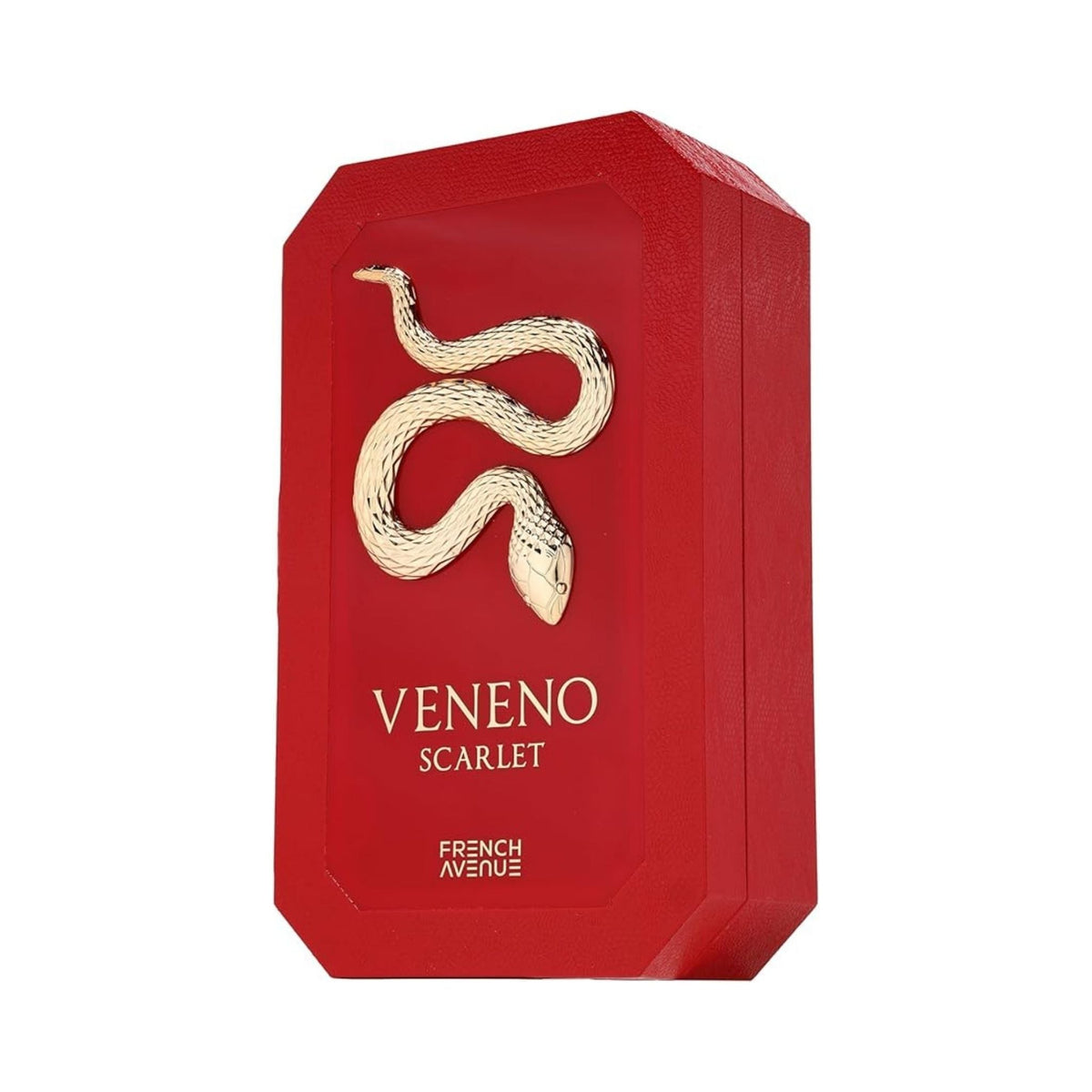 Refect Beauty French Avenue Veneno Scarlet extrait de parfum in a vibrant red bottle with a gold snake emblem.
