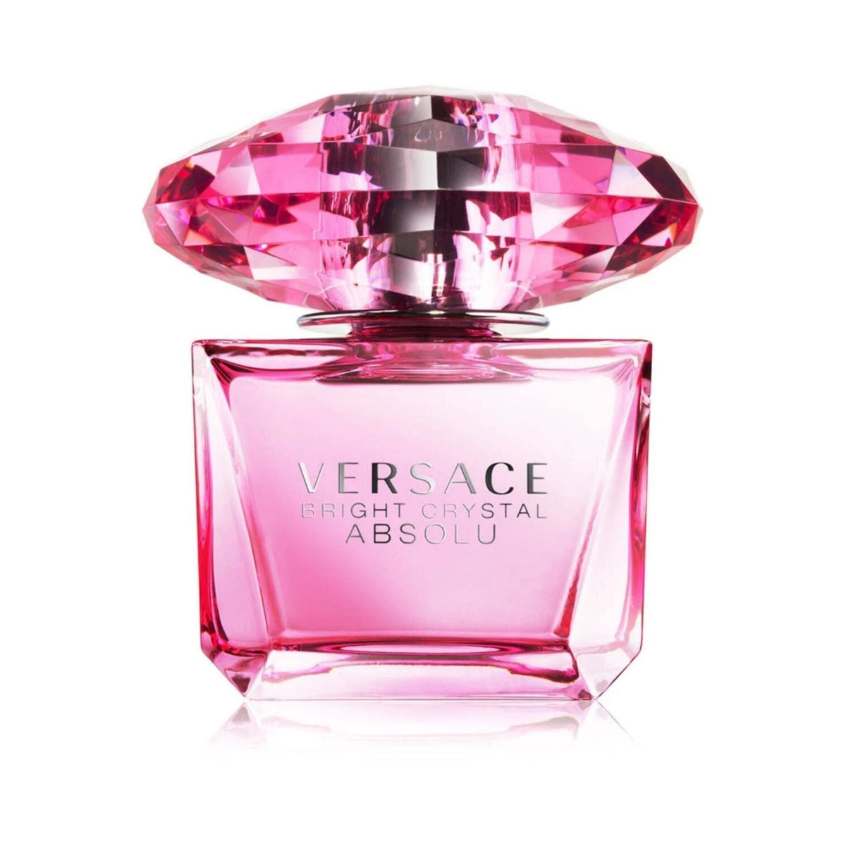 Refect Beauty Versace Bright Crystal Absolu eau de parfum in a vibrant pink glass bottle with a diamond-shaped cap.