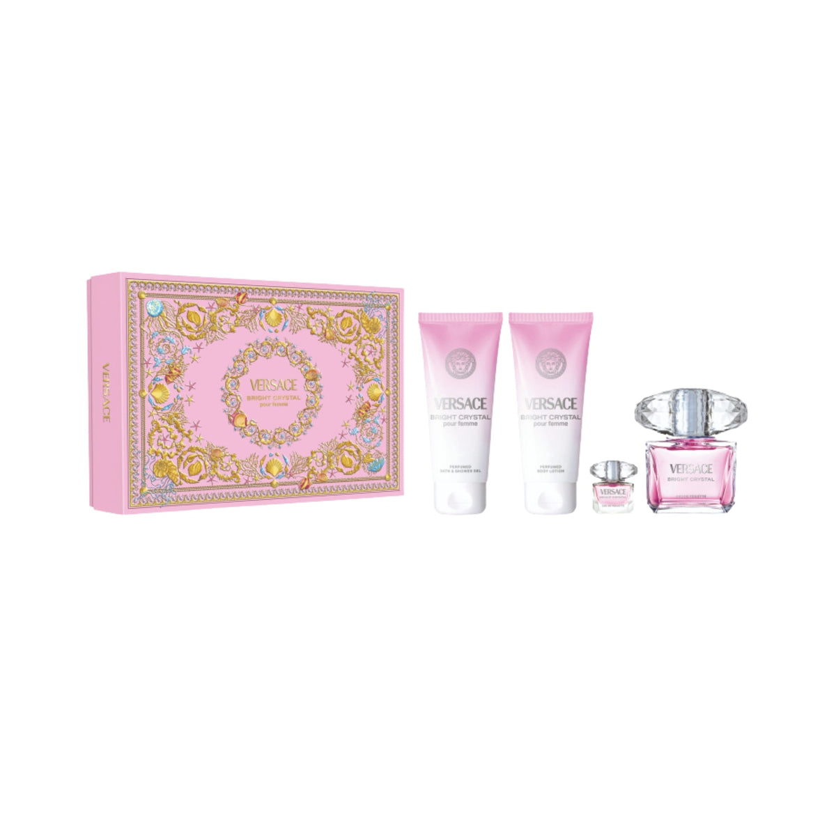 Refect Beauty Versace Bright Crystal 4-piece gift set featuring perfume, travel spray, shower gel, and body lotion.