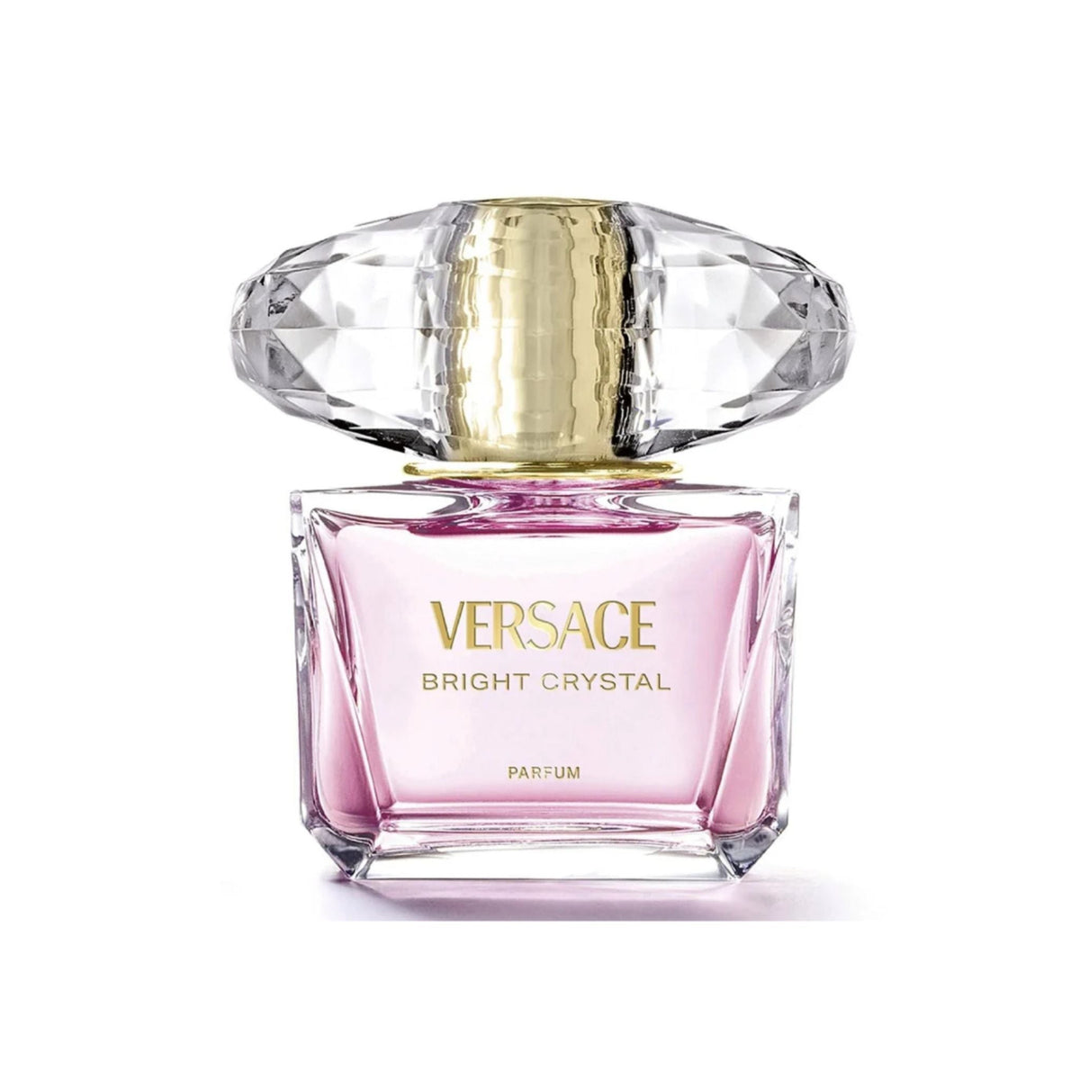 Refect Beauty Versace Bright Crystal Parfum bottle with a pink glass body and a large crystal-cut cap.