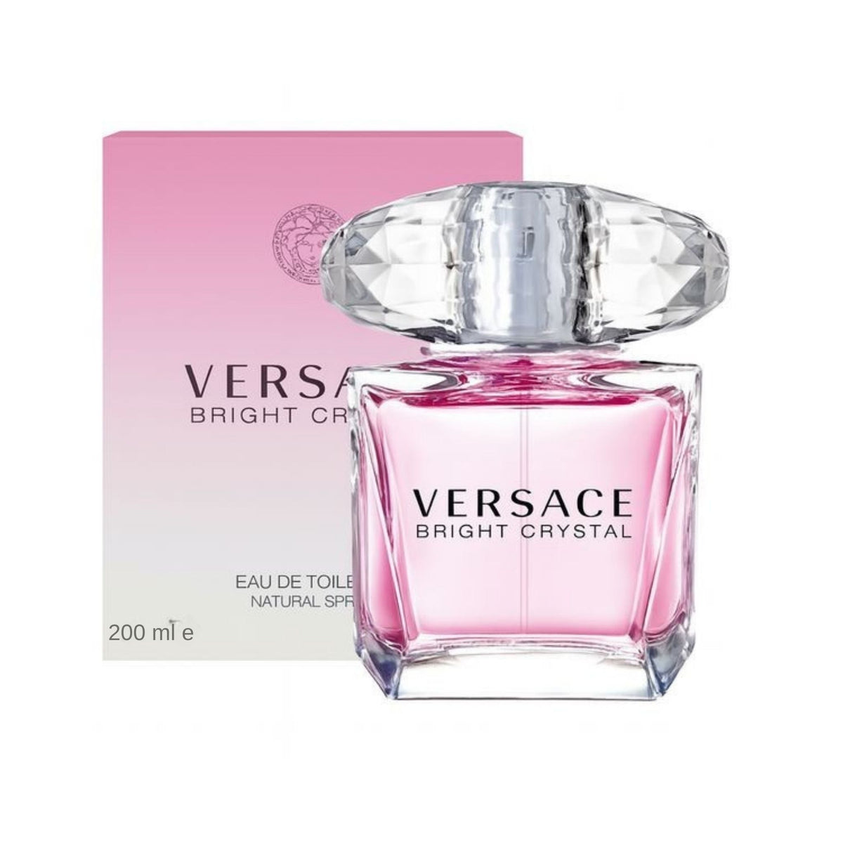 Refect Beauty Versace Bright Crystal Eau de Toilette perfume bottle with a large crystal cap and pink glass base.