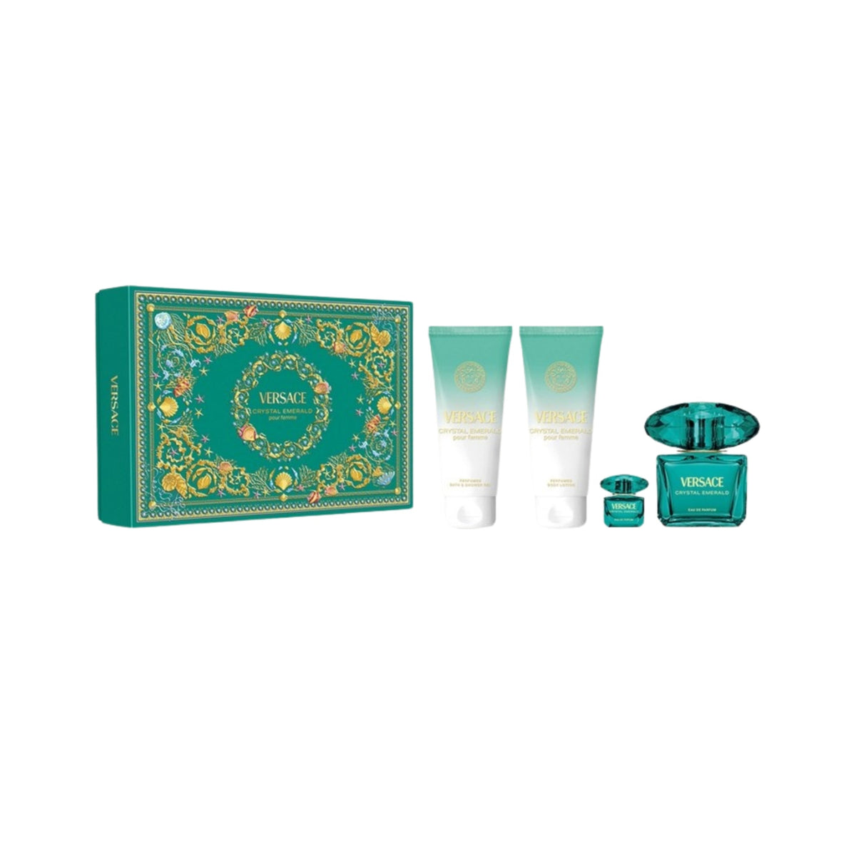 Refect Beauty Versace Crystal Emerald gift set featuring perfume, travel spray, shower gel, and body lotion in green.