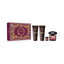 Refect Beauty Versace Crystal Noir gift set featuring perfume bottles, shower gel, and body lotion in a purple box.
