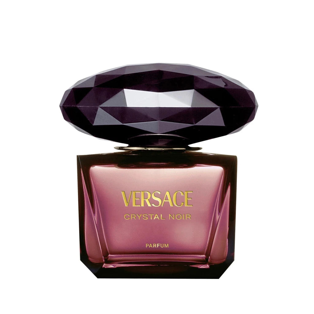 Refect Beauty Versace Crystal Noir Parfum bottle with a dark purple faceted crystal cap and elegant glass base.