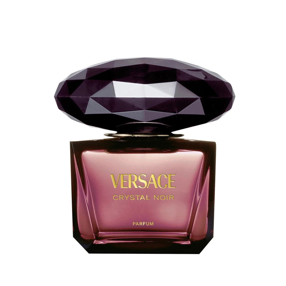Refect Beauty Versace Crystal Noir Parfum bottle with a dark purple faceted crystal cap and elegant glass base.