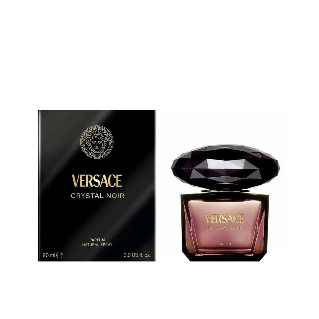 Refect Beauty Versace Crystal Noir Parfum bottle and black box packaging featuring a dark crystal-inspired cap