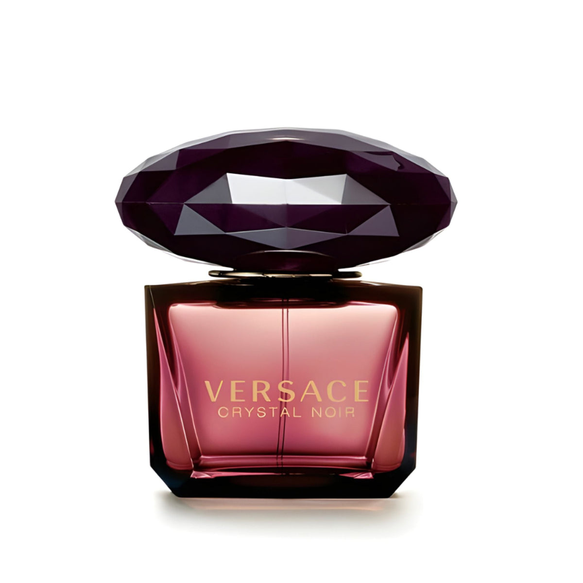 Refect Beauty Versace Crystal Noir Eau de Parfum in a dark purple glass bottle with a large diamond-shaped cap