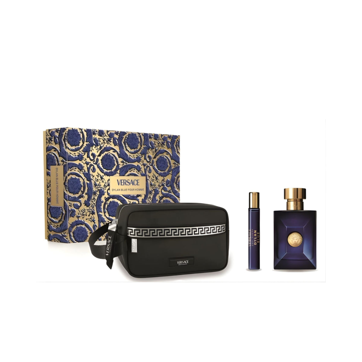 Refect Beauty Versace Dylan Blue fragrance gift set featuring a 100ml bottle, travel spray, and black toiletry bag.