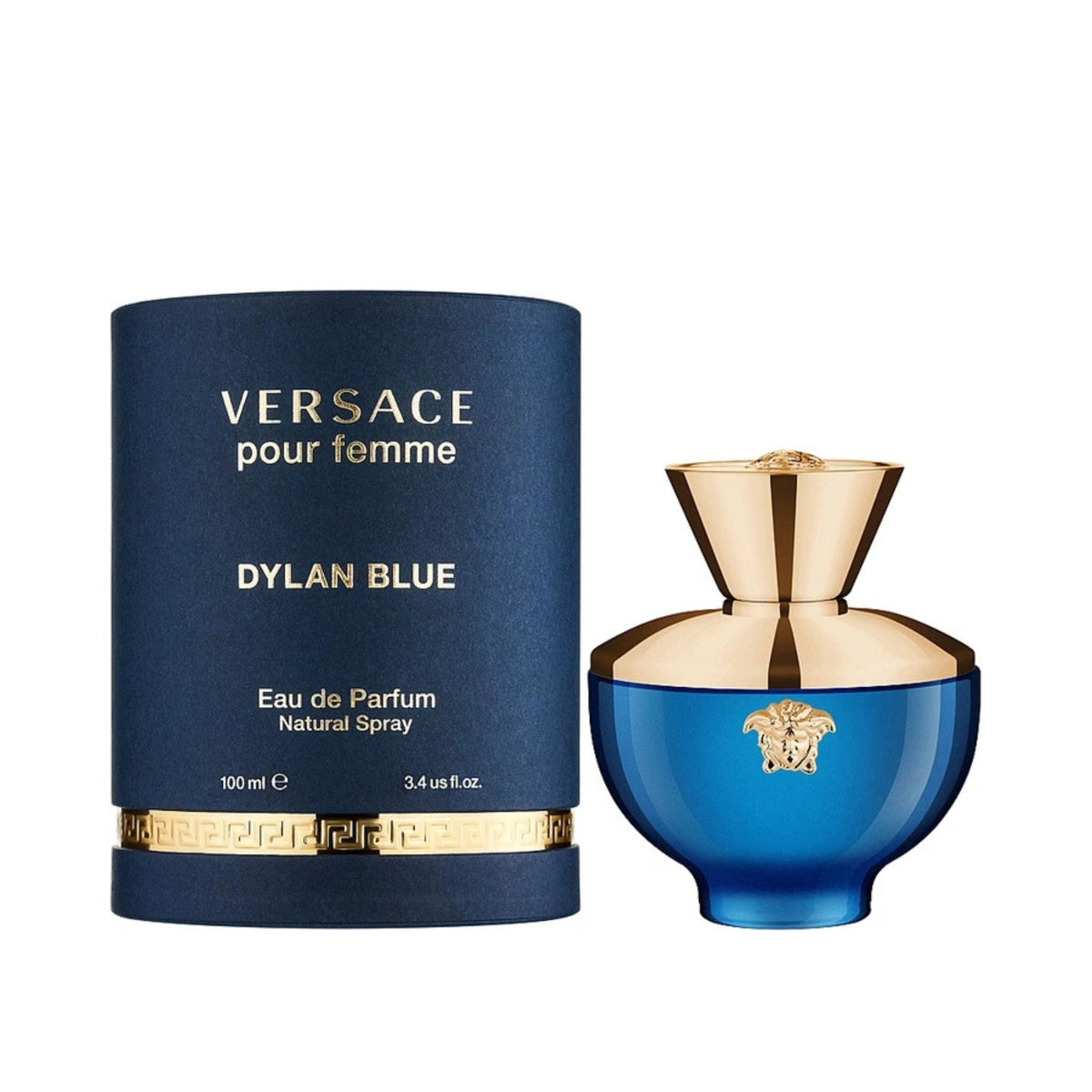 Refect Beauty Versace Pour Femme Dylan Blue Eau de Parfum bottle and dark blue box with gold Medusa head logo