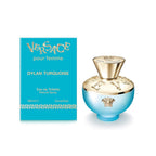Refect Beauty Versace Dylan Turquoise Eau de Toilette perfume bottle and turquoise box with gold Medusa accents