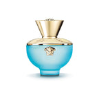 Refect Beauty Versace Dylan Turquoise Pour Femme eau de toilette in a bright blue glass bottle with gold Medusa cap