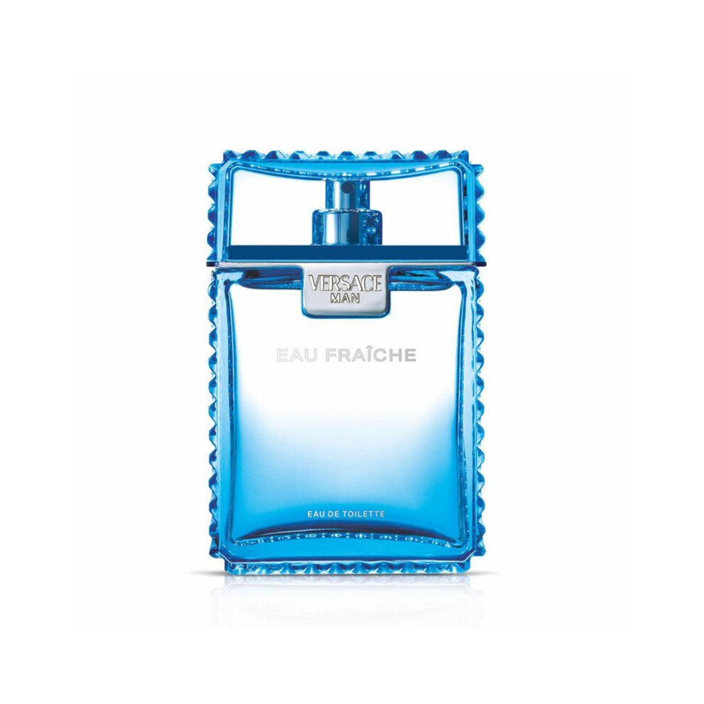 Refect Beauty Versace Eau Fraiche Eau de Toilette in a blue glass bottle with a textured geometric frame