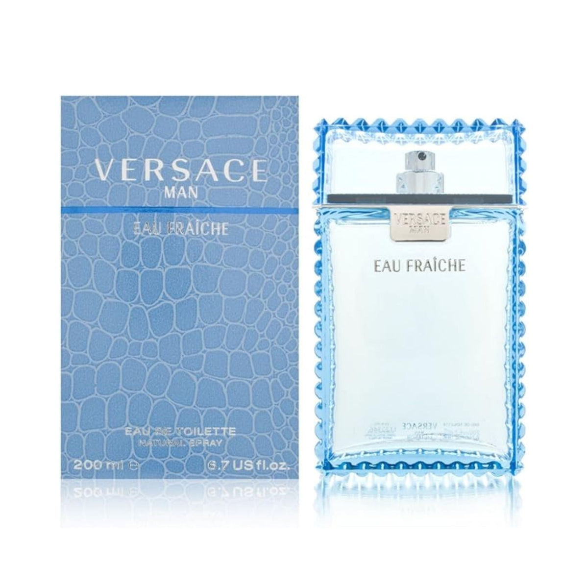 Refect Beauty Versace Eau Fraiche Eau de Toilette bottle and blue crocodile-textured box for a fresh aquatic scent