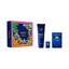 Refect Beauty Versace Man Eau Fraiche Extreme gift set with perfume, travel spray, and shower gel in blue packaging.