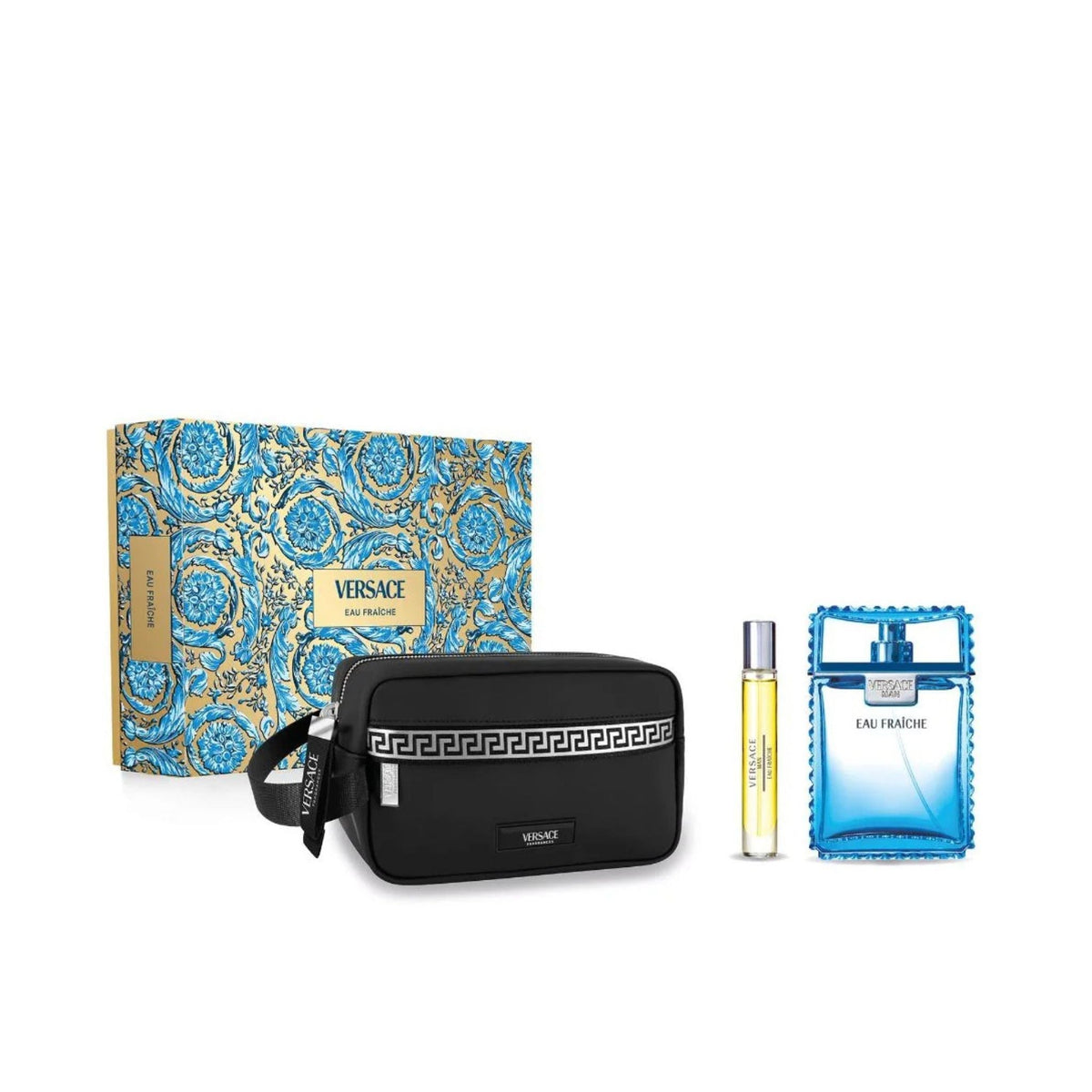 Refect Beauty Versace Eau Fraiche gift set featuring a blue fragrance bottle, travel spray, and black toiletry bag.