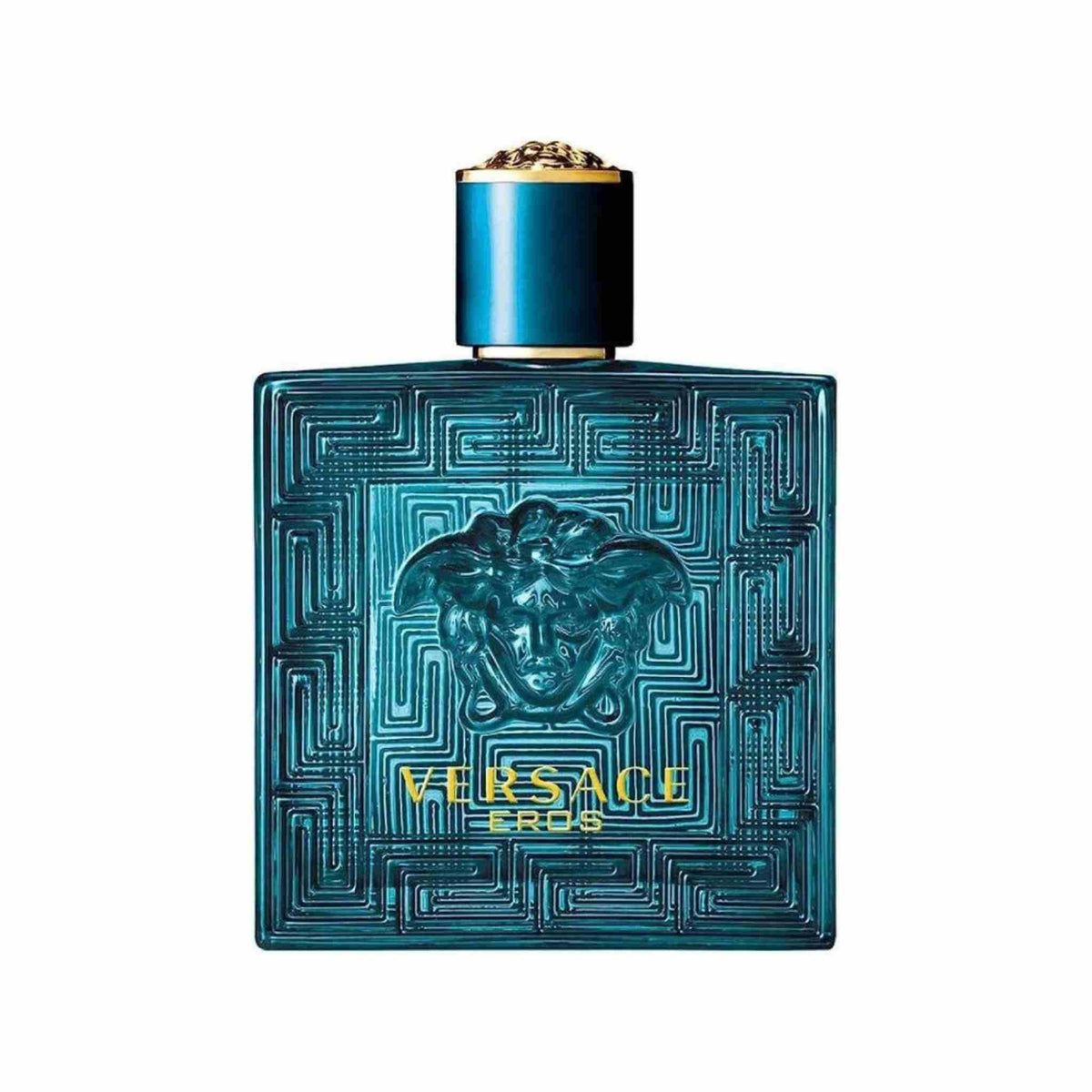 Refect Beauty Versace Eros Eau de Parfum in a square teal glass bottle with gold Medusa head and Greek key detailing