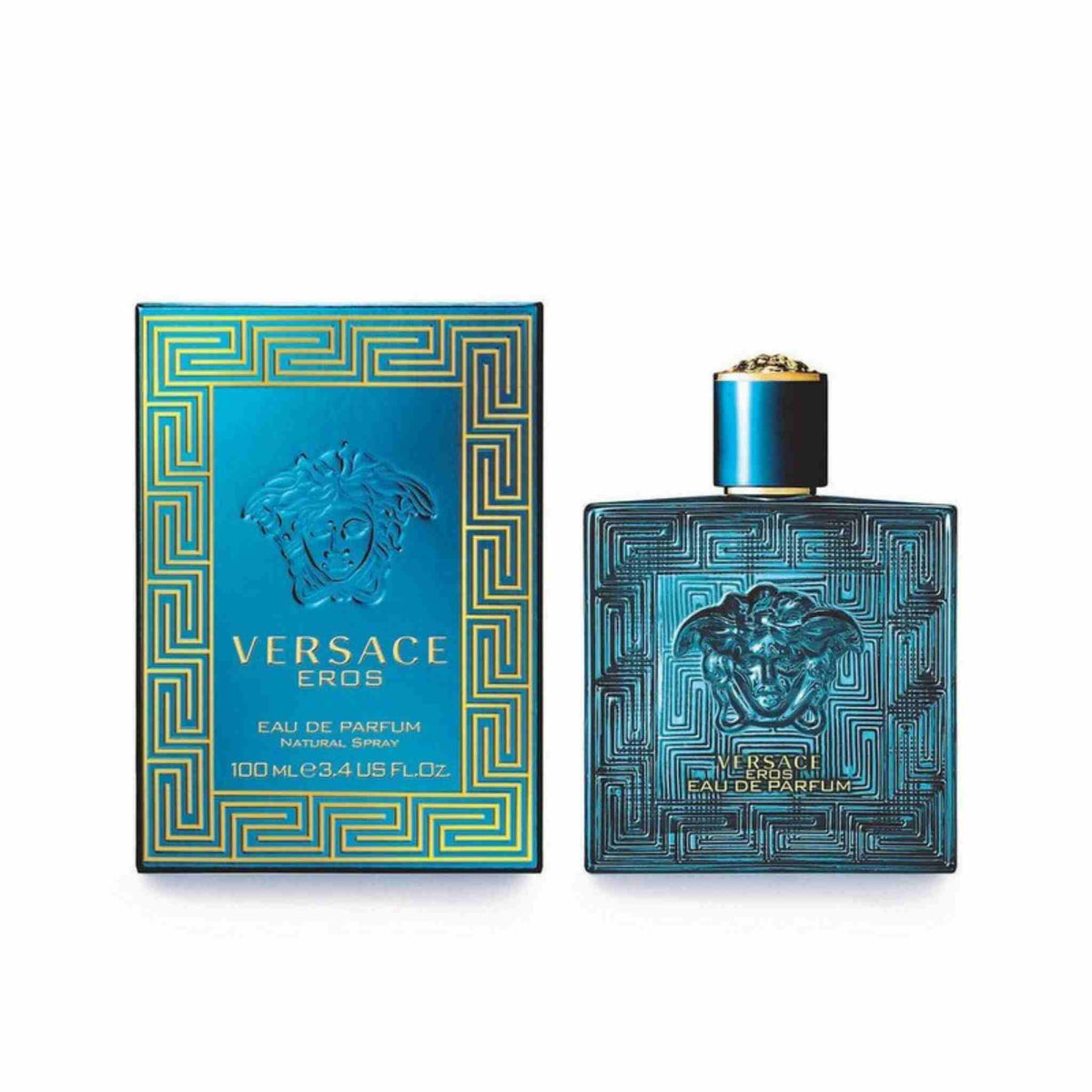 Refect Beauty Versace Eros Eau de Parfum bottle and box featuring iconic Medusa head and Greek key design in blue