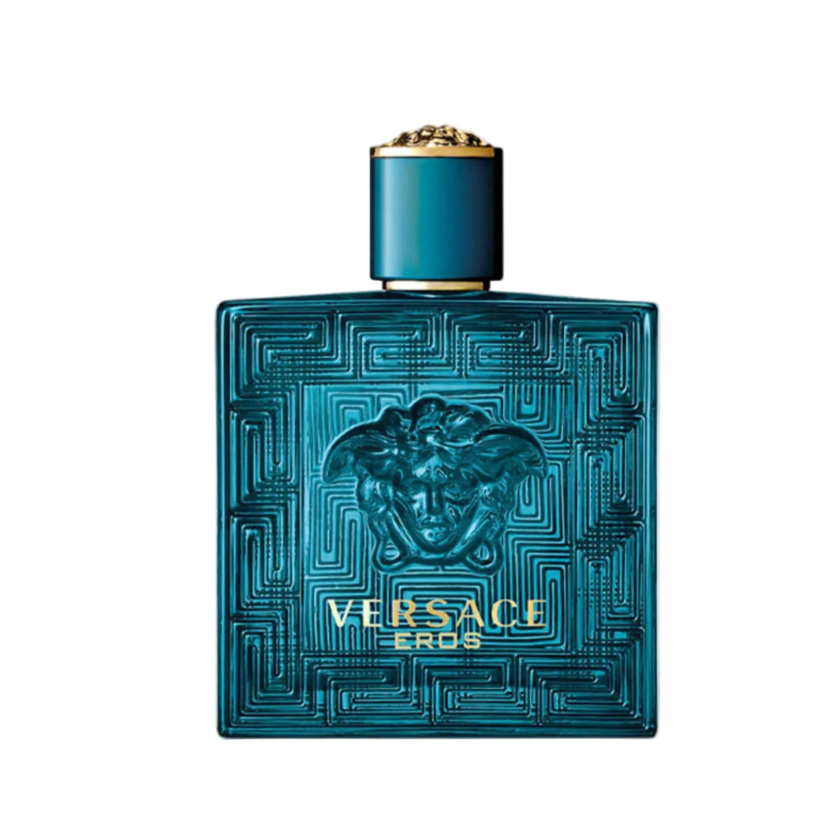 Refect Beauty Versace Eros Eau de Toilette in a signature blue glass bottle with Medusa head and Greek key design.