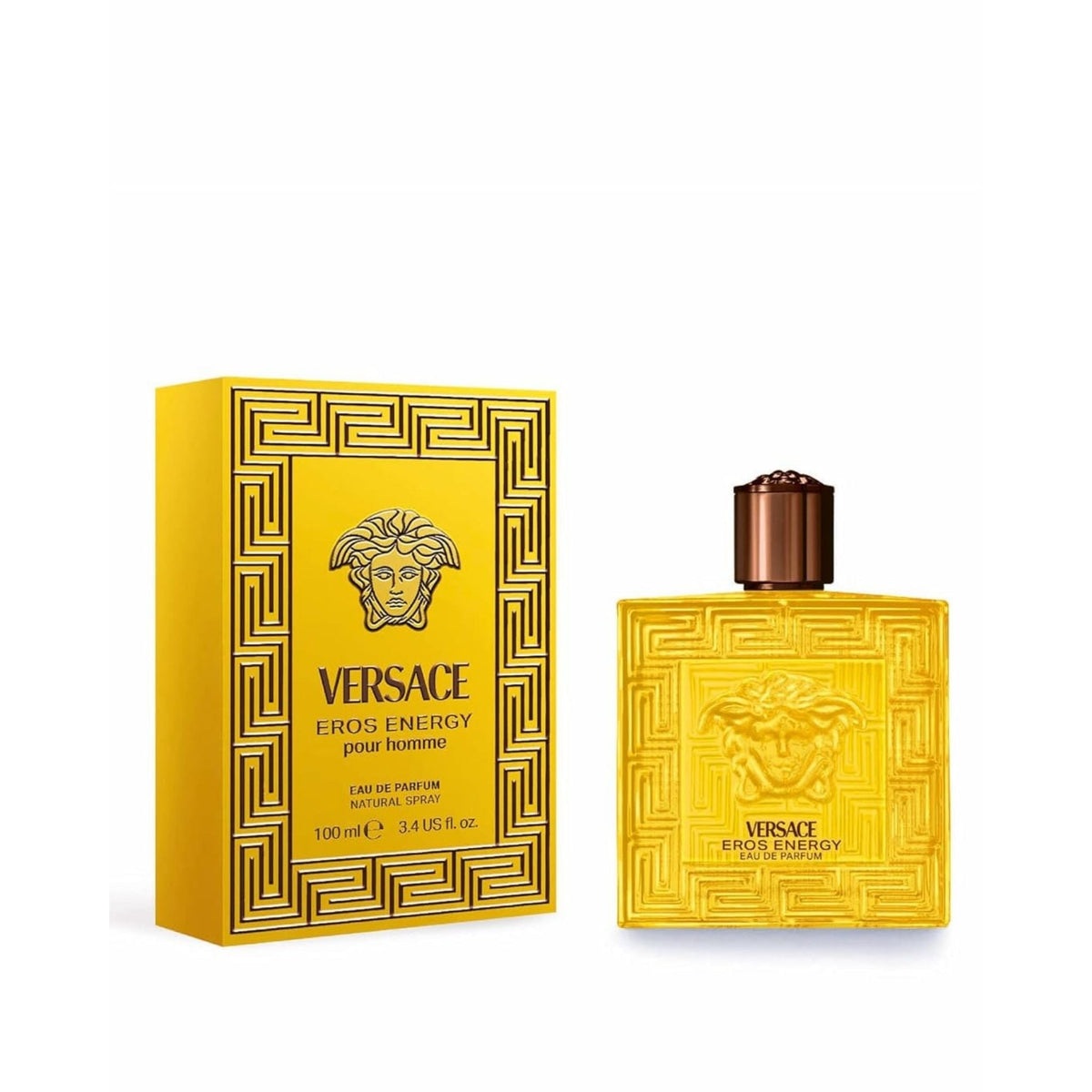 Refect Beauty Versace Eros Energy Eau de Parfum bottle and yellow box with iconic Medusa head and Greek key design.