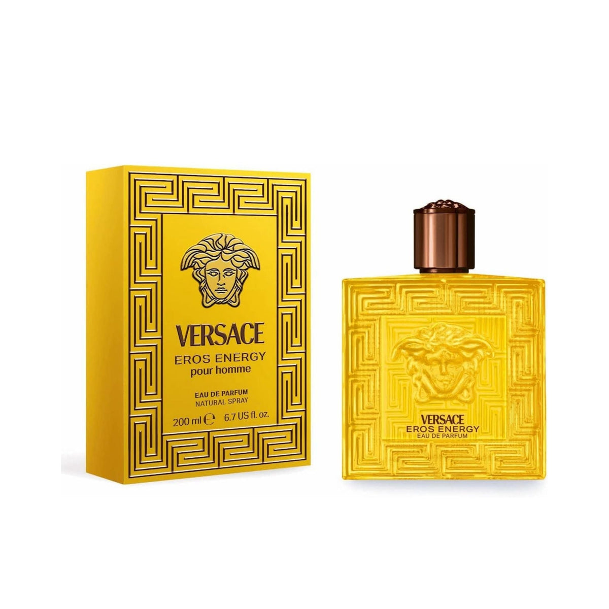 Refect Beauty Versace Eros Energy Eau de Parfum bottle and yellow box with iconic Medusa head and Greek key design.