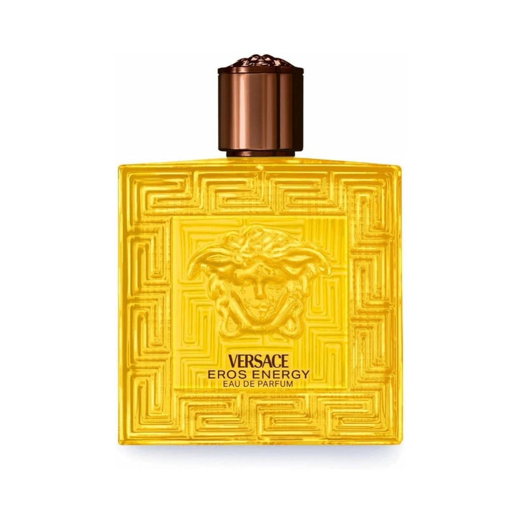 Refect Beauty Versace Eros Energy Eau de Parfum in a vibrant yellow glass bottle with the iconic Medusa head emblem.