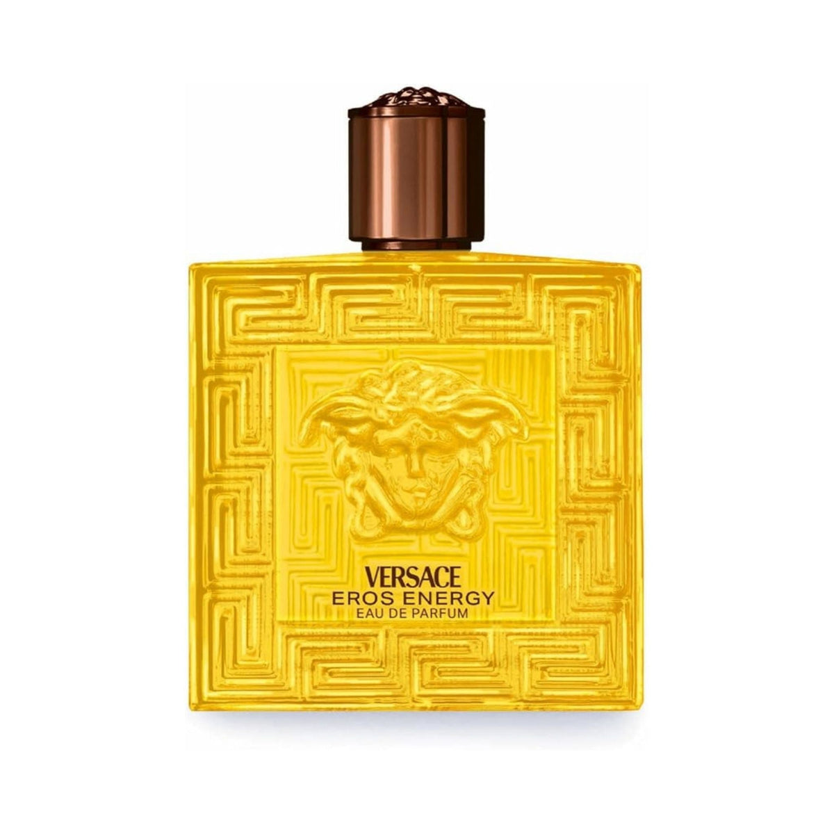 Refect Beauty Versace Eros Energy Eau de Parfum in a vibrant yellow glass bottle with the iconic Medusa head emblem.
