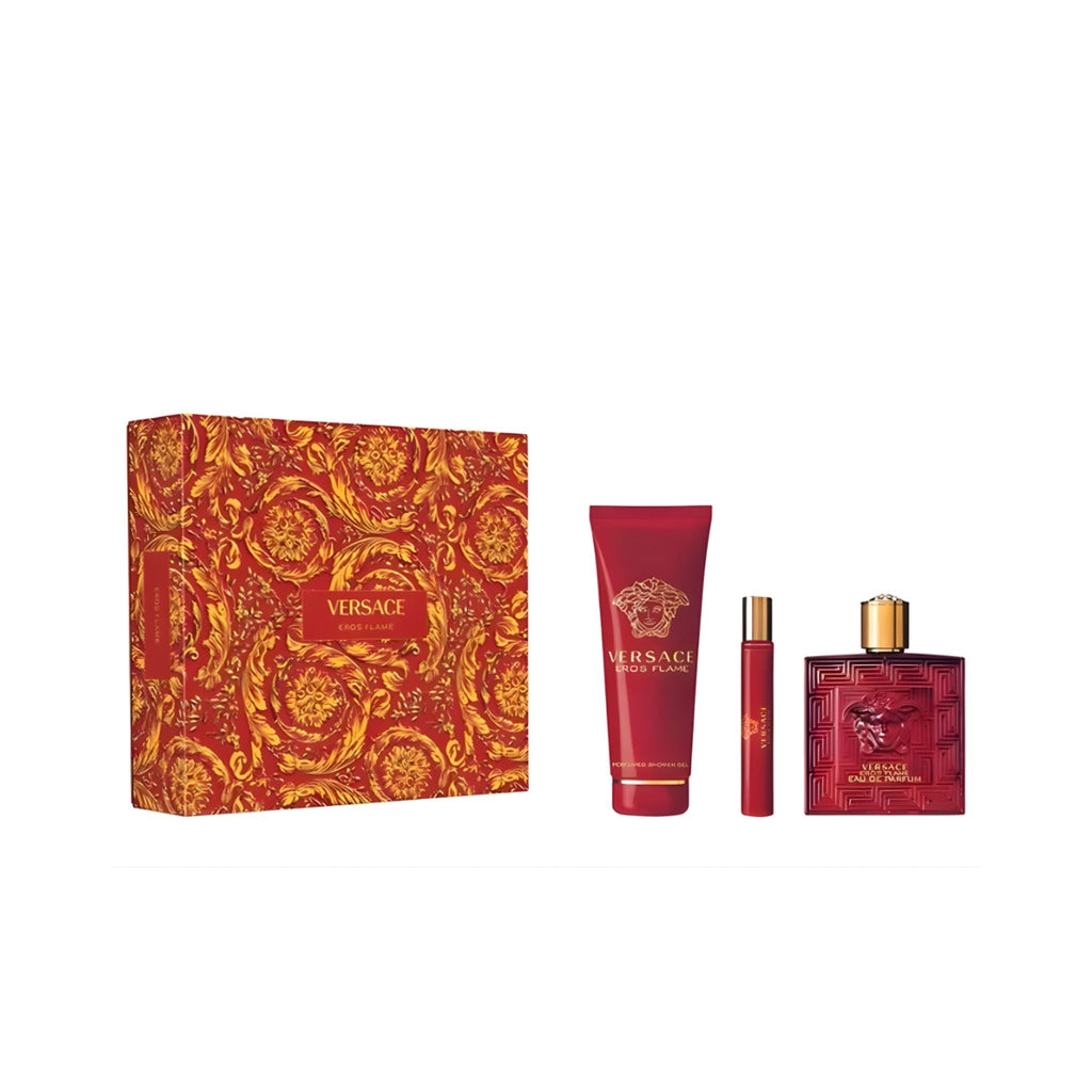 Refect Beauty Versace Eros Flame gift set featuring a red perfume bottle, travel spray, and shower gel in a box.