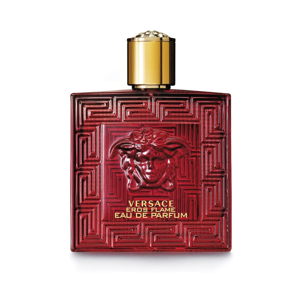 Refect Beauty Versace Eros Flame Eau de Parfum in a bold red glass bottle with gold cap and Medusa head emblem.