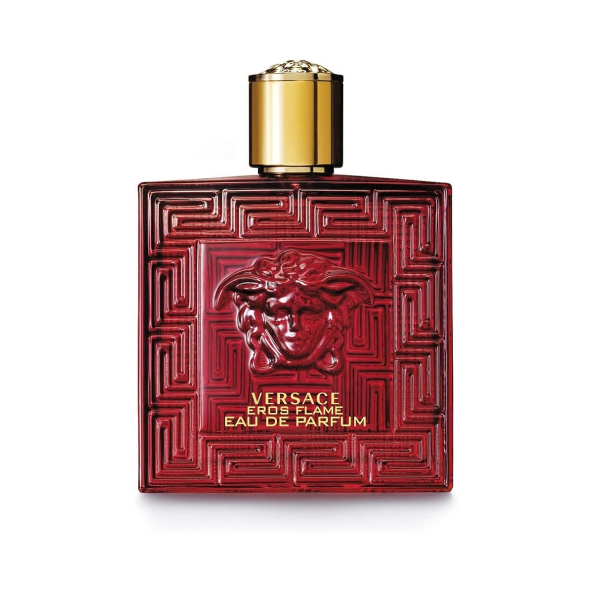 Refect Beauty Versace Eros Flame Eau de Parfum in a bold red glass bottle with gold cap and Medusa head emblem.
