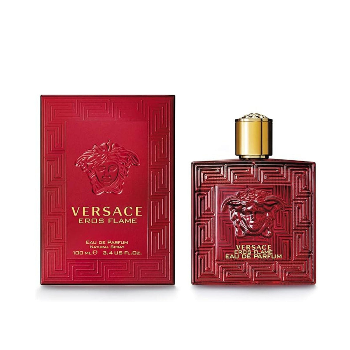 Refect Beauty Versace Eros Flame Eau de Parfum bottle and red box with embossed Medusa head and gold cap