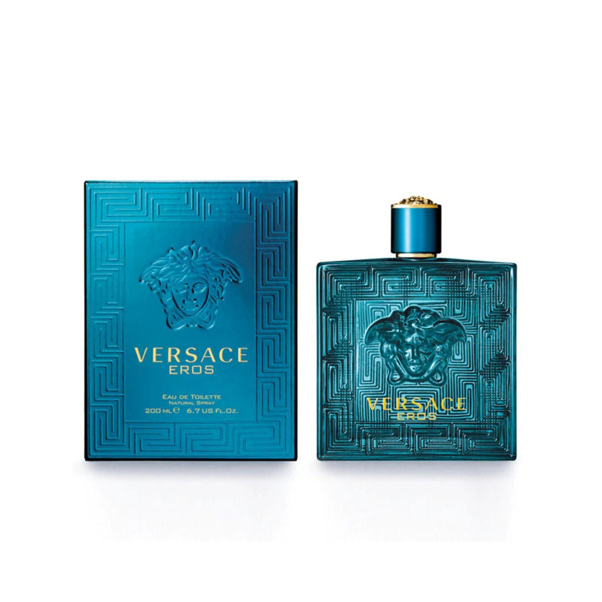 Refect Beauty Versace Eros Eau de Toilette bottle and box in iconic blue with Medusa head logo and Greek key pattern