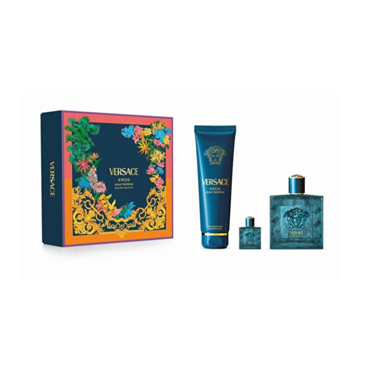 Refect Beauty Versace Eros 3-piece gift set featuring a 100ml fragrance, 10ml travel spray, and 150ml shower gel.