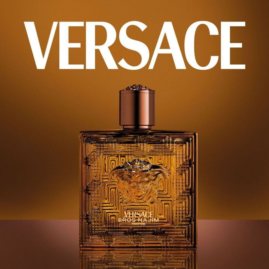 Refect Beauty Versace Eros Najim Parfum bottle with intricate Medusa emblem and warm amber glass design.