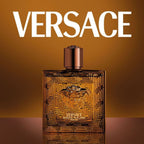 Refect Beauty Versace Eros Najim Parfum bottle with intricate Medusa emblem and warm amber glass design.