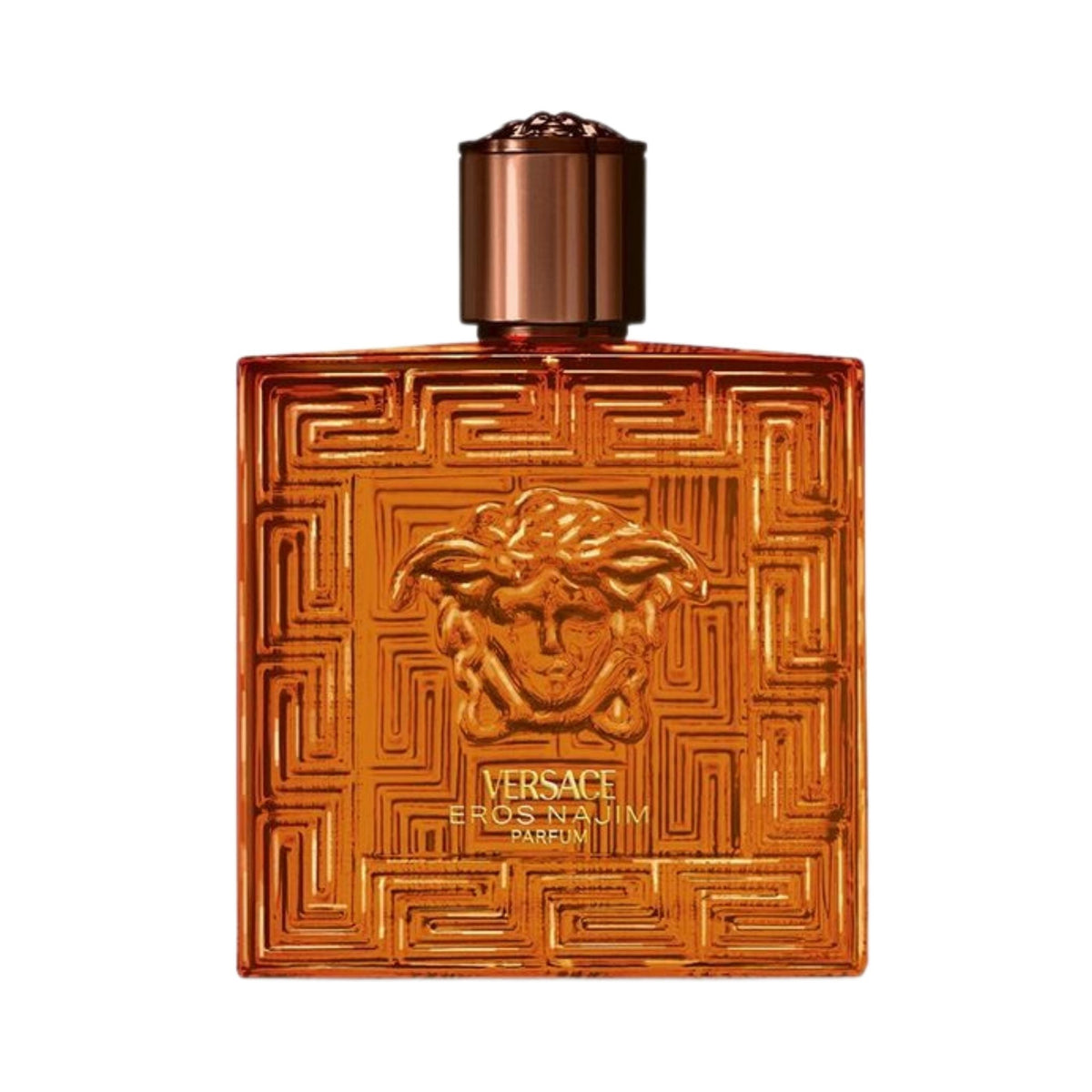 Refect Beauty Versace Eros Najim Parfum bottle in amber glass with iconic Medusa head and Greek key pattern.