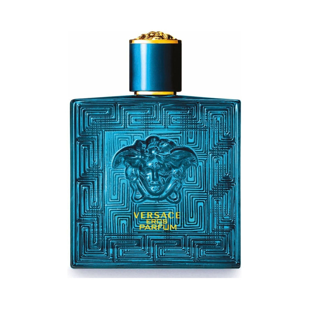 Refect Beauty Versace Eros Parfum bottle in a vibrant blue glass with iconic Medusa head and Greek key pattern.