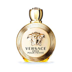 Refect Beauty Versace Eros Pour Femme Eau de Parfum in a round gold bottle with Medusa emblem and Greek key border