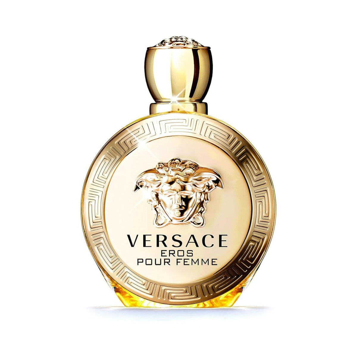 Refect Beauty Versace Eros Pour Femme Eau de Parfum in a round gold bottle with Medusa emblem and Greek key border