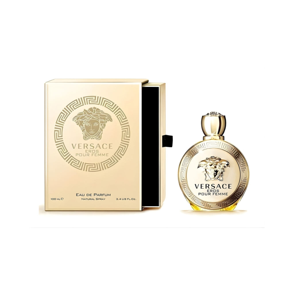 Refect Beauty Versace Eros Pour Femme Eau de Parfum bottle and gold presentation box with Medusa logo