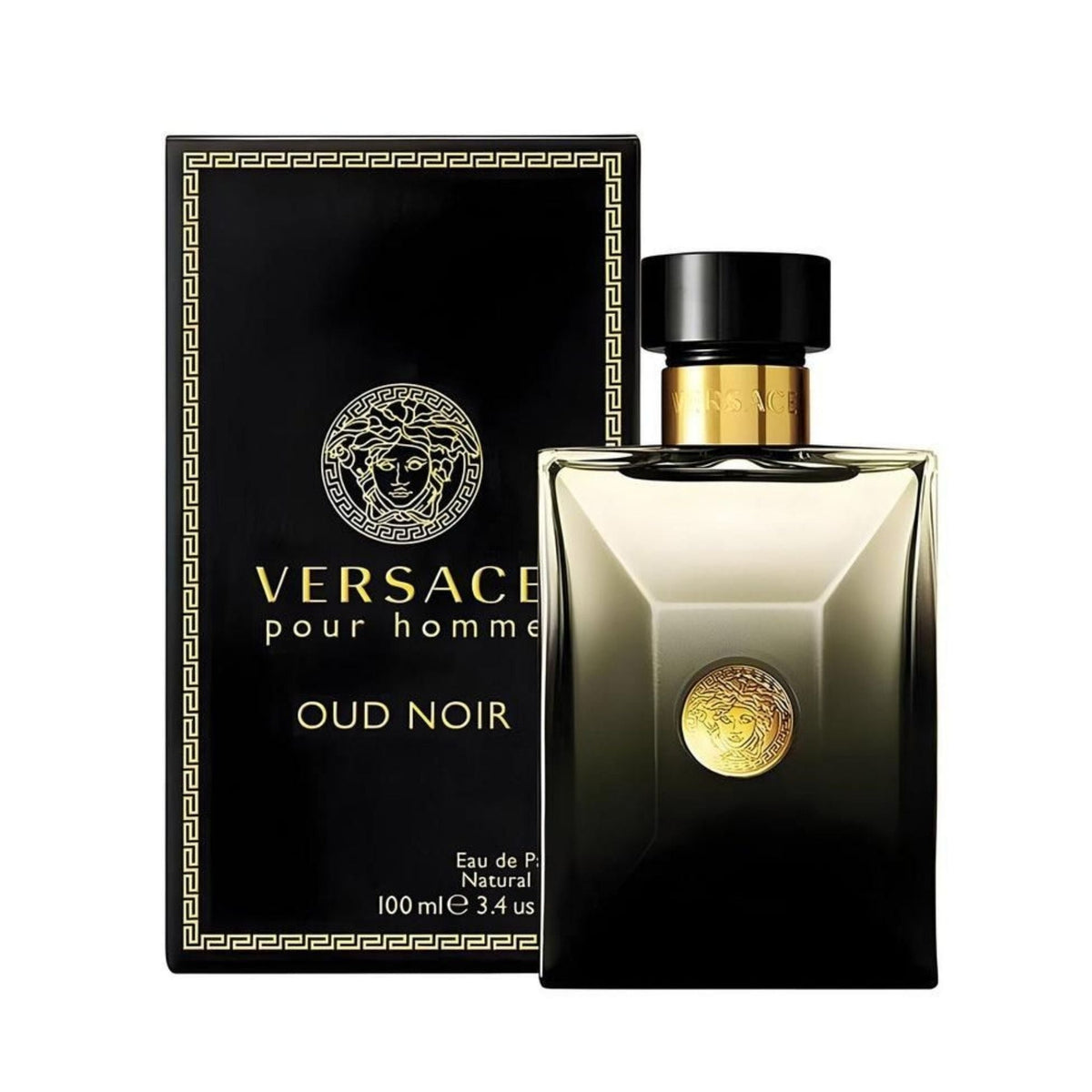 Refect Beauty Versace Oud Noir Eau de Parfum bottle and black box with gold Medusa logo for men