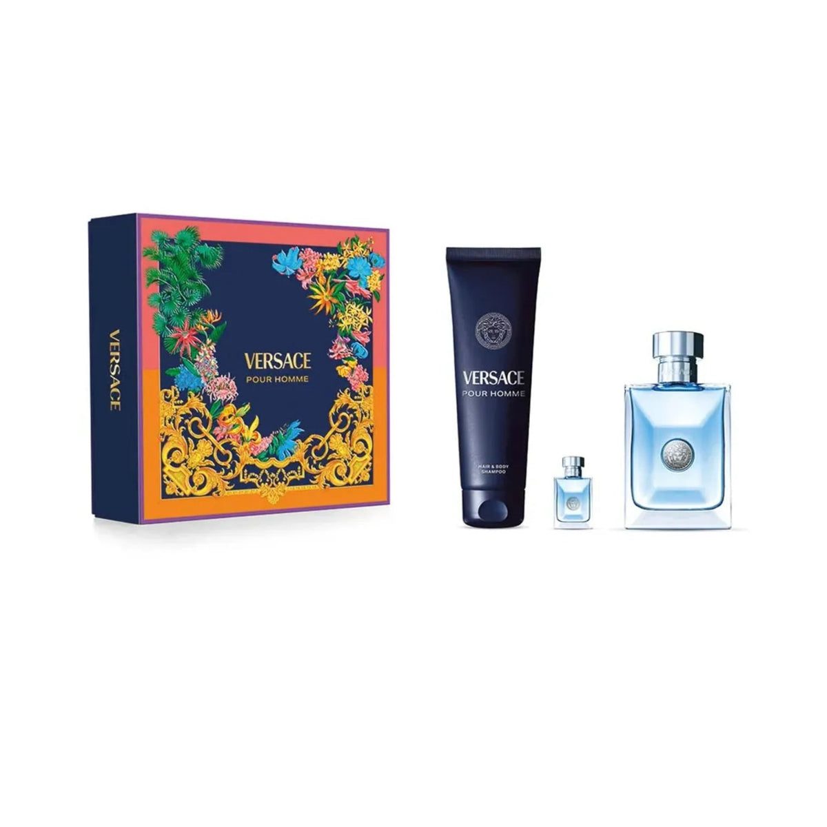 Refect Beauty Versace Pour Homme 3-piece gift set with fragrance bottles and hair and body shampoo in floral box