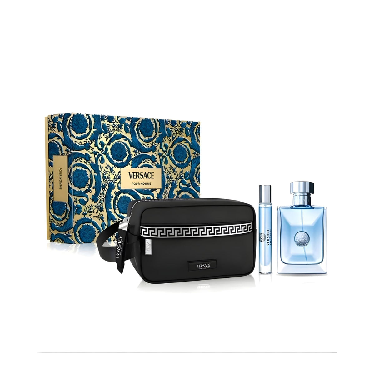 Refect Beauty Versace Pour Homme gift set featuring a fragrance bottle, travel spray, and black trousse in a box.