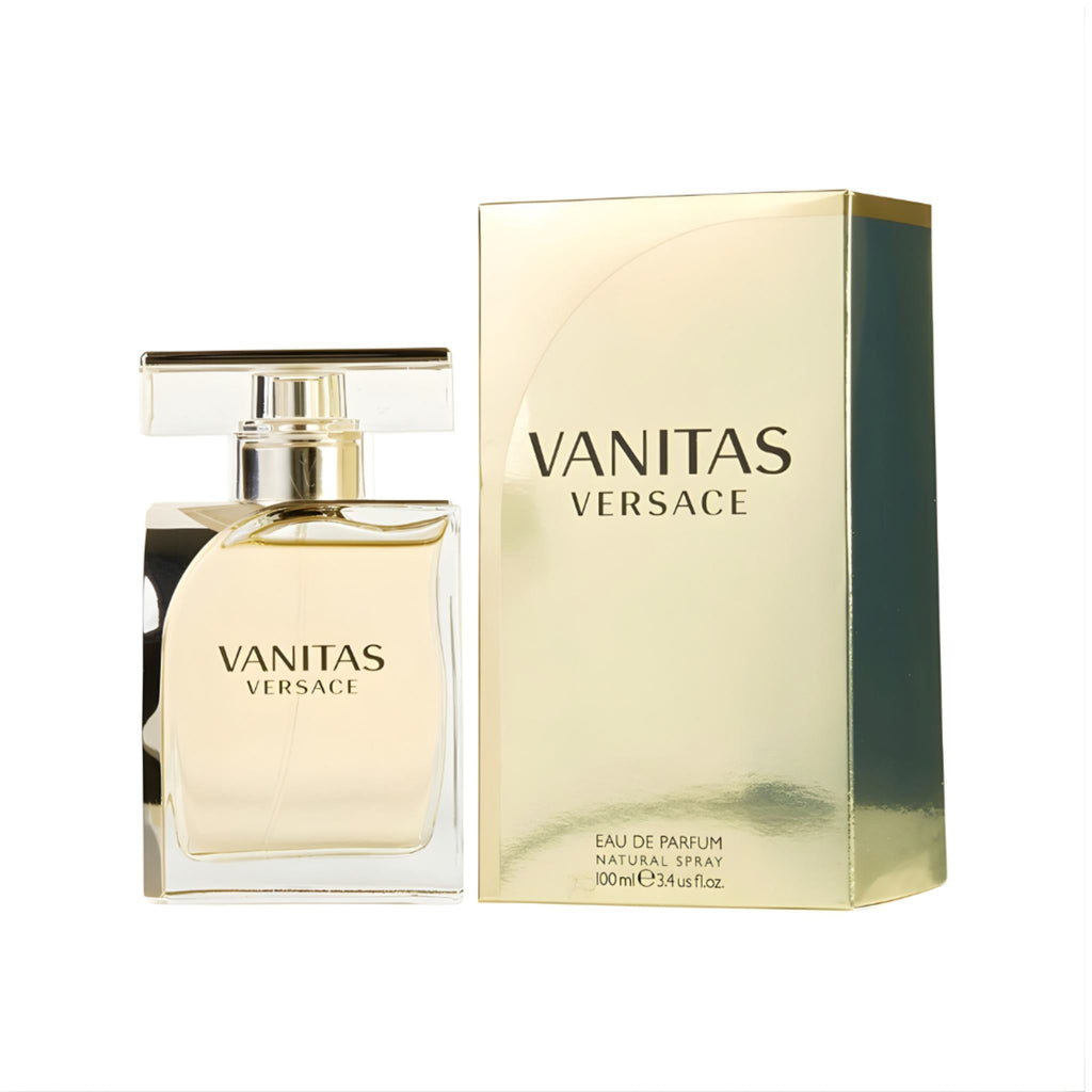 Refect Beauty Versace Vanitas Eau de Parfum bottle and gold box featuring floral fragrance notes