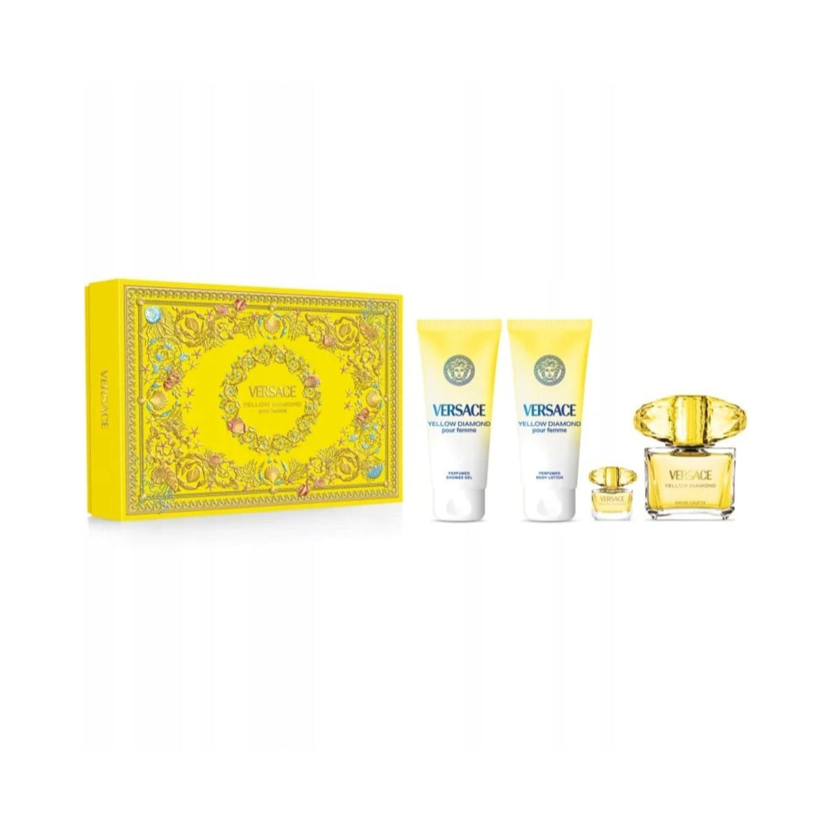 Refect Beauty Versace Yellow Diamond gift set featuring perfume, travel spray, shower gel, and body lotion in yellow.
